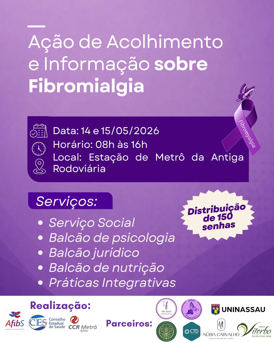 Metrô Bahia recebe ação gratuita de conscientização sobre fibromialgia com acolhimento e orientações à população nesta quinta-feira (14)